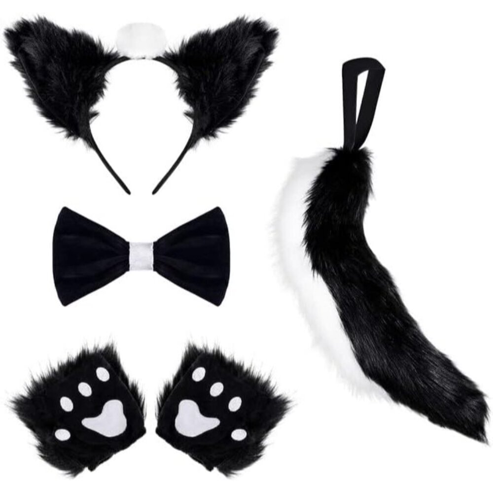 Faux Fur Skunk Ears Tail Set Womens Cosplay Halloween Costume Accessories